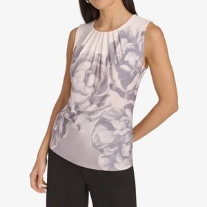 Calvin Klein Women's Floral Printed Pleated-Neck Sleeveless Top white/gray S